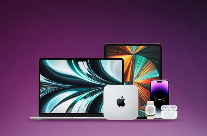 A sleek array of modern apple devices, including a macbook, ipad, iphone, mac mini, and airpods, set against a purple gradient background, showcasing cutting-edge technology and design.